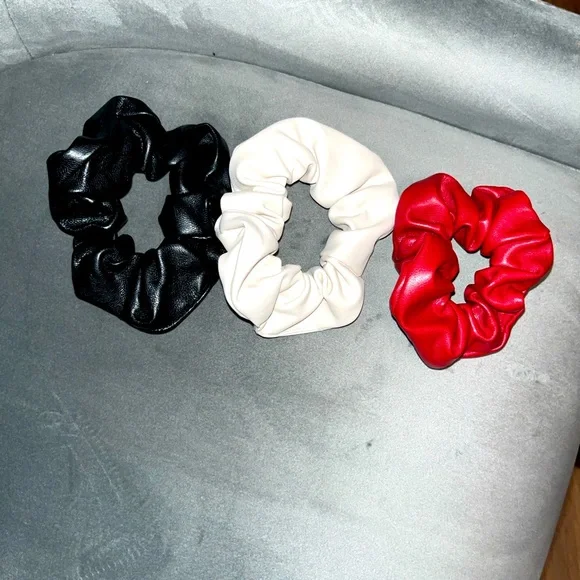 Set of 3 Faux Leather Scrunchies - Black, Red, Off-White - Picture 1 of 2